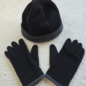 Womens Fleece Hat and Gloves Set Black Gray Winter Warm Matching‎
